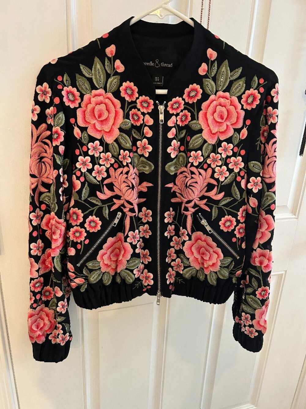 Needle & Thread Embroidered Embellished Crepe Floral Bomber Jacket, size 4